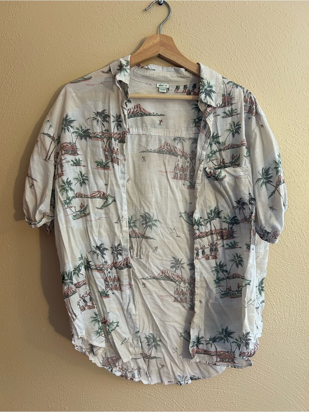 aerie Cream Tropical Print Short-Sleeve Button-Down Shirt